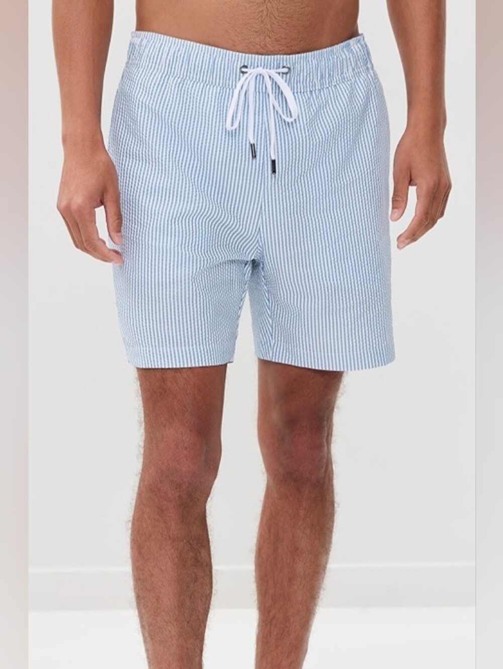 Onia "The Charles" Striped Blue White Poly Blend Swim Shorts Pockets Sz XL